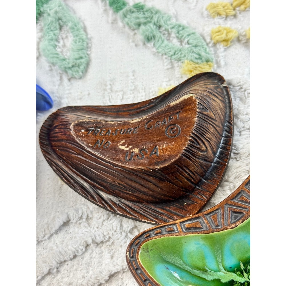 Vintage Treasure Craft USA Boomerang Trinket Dish Set 1960s Green Drip Glaze MCM - Picture 5 of 7